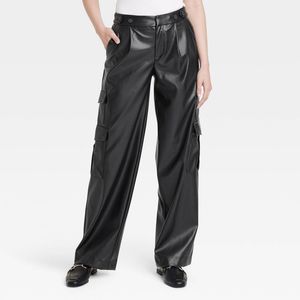 NWT Women's High-Rise Straight Faux Leather Cargo Pants - A New Day Black 8